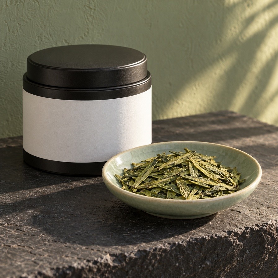 Fekete fémdoboz Longjing címkével, előtte kerámiatálkán lapos, jádezöld tealevelek